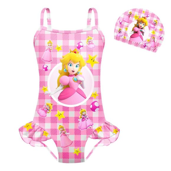 Unbranded Other - Princess Peach Girls One-Piece Ruffle Swimsuit Matching Swim Cap Size 100 (3T)